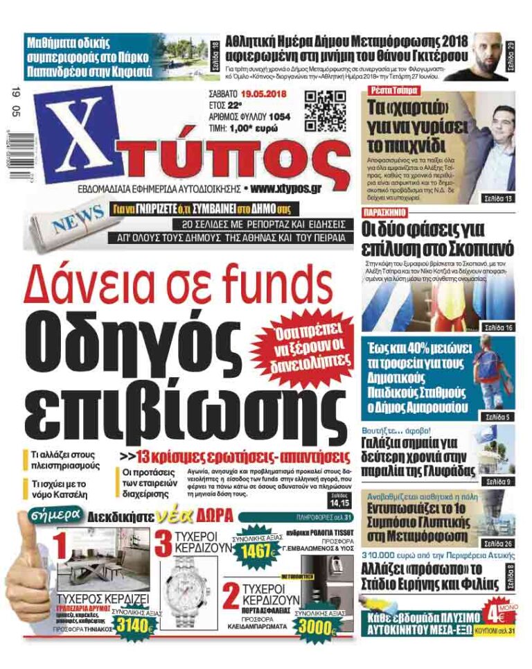 Πρωτοσέλιδο «ΧΤΥΠΟΣ» Σαββάτου 19 Μαίου 2018