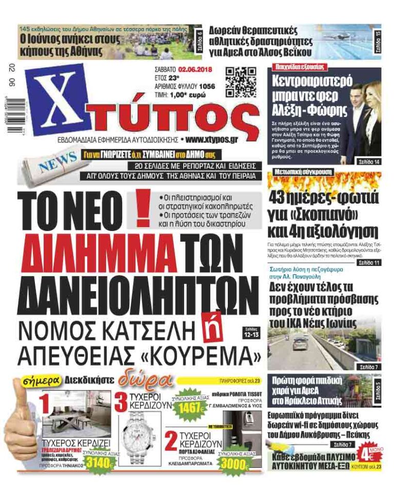 Πρωτοσέλιδο «ΧΤΥΠΟΣ» Σαββάτου 2 Ιουνίου 2018