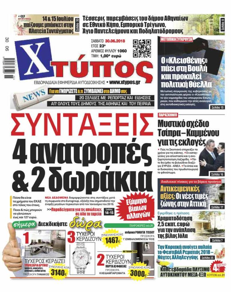 Πρωτοσέλιδο «ΧΤΥΠΟΣ» Σαββάτου 30 Ιουνίου 2018