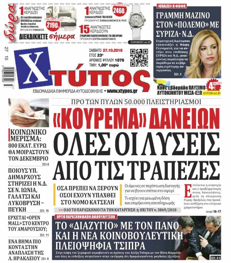 Πρωτοσέλιδο «ΧΤΥΠΟΣ» Σάββατο 27 Οκτωβρίου 2018