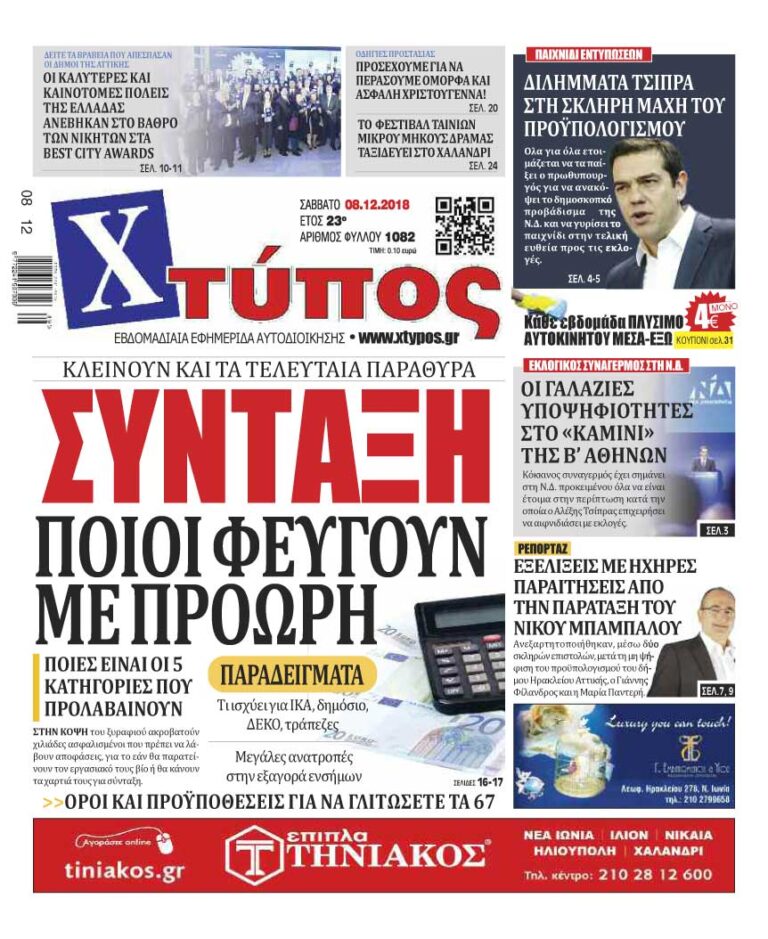 Πρωτοσέλιδο «ΧΤΥΠΟΣ» Σάββατο 8 Δεκεμβρίου 2018