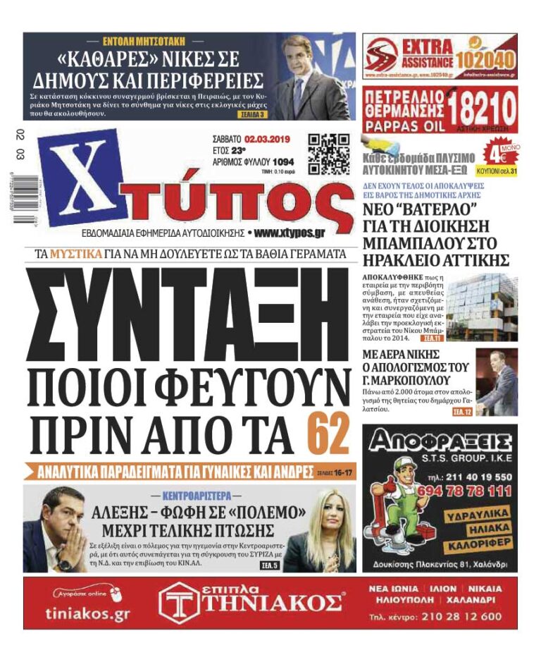 Πρωτοσέλιδο «ΧΤΥΠΟΣ» Σάββατο 2 Μαρτίου 2019