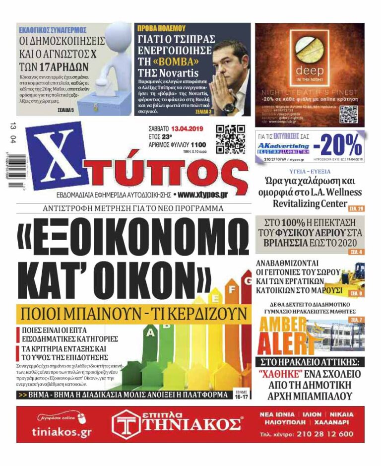 Πρωτοσέλιδο «ΧΤΥΠΟΣ» Σάββατο 13 Απριλίου 2019