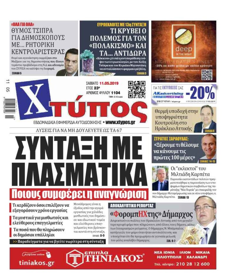 Πρωτοσέλιδο «ΧΤΥΠΟΣ» Σάββατο 3 Μαΐου 2019