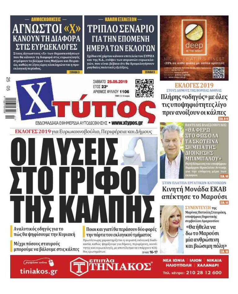 Πρωτοσέλιδο «ΧΤΥΠΟΣ» Σάββατο 25 Μαΐου 2019