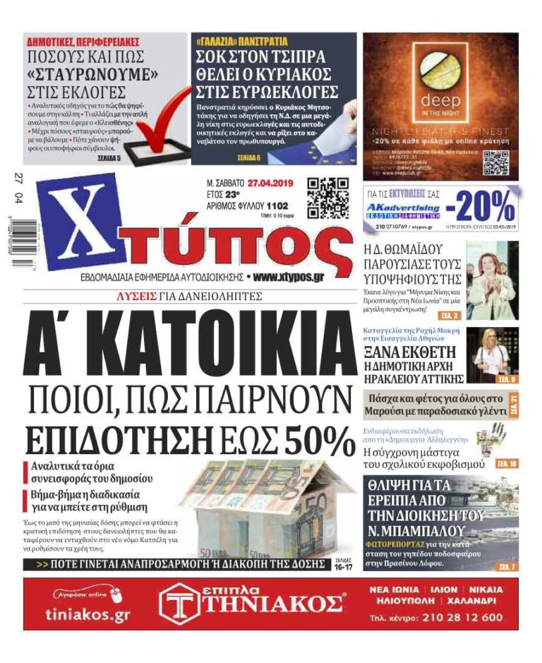 Πρωτοσέλιδο «ΧΤΥΠΟΣ» Σάββατο 27 Απριλίου 2019