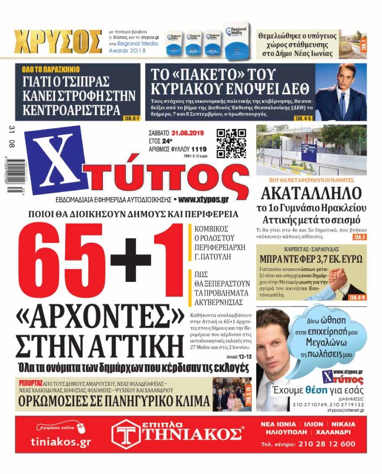 Πρωτοσέλιδο «ΧΤΥΠΟΣ» Σάββατο 31 Αυγούστου 2019