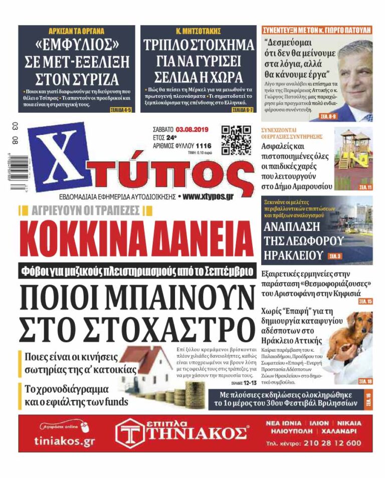 Πρωτοσέλιδο «ΧΤΥΠΟΣ» Σάββατο 3 Αυγούστου 2019