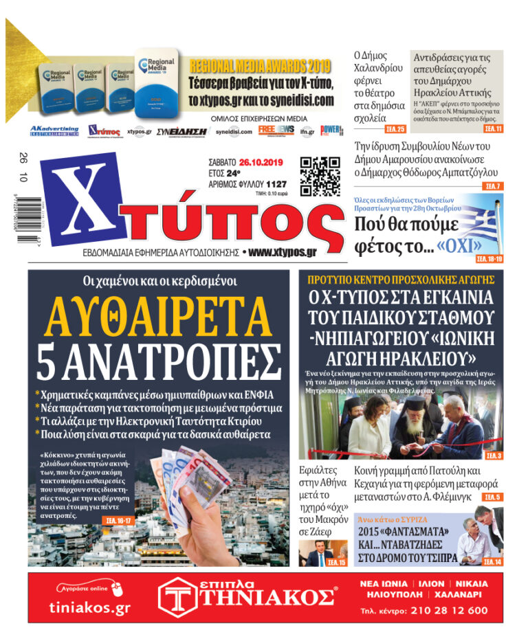 Πρωτοσέλιδο «ΧΤΥΠΟΣ» Σάββατο 26 Οκτωβρίου 2019