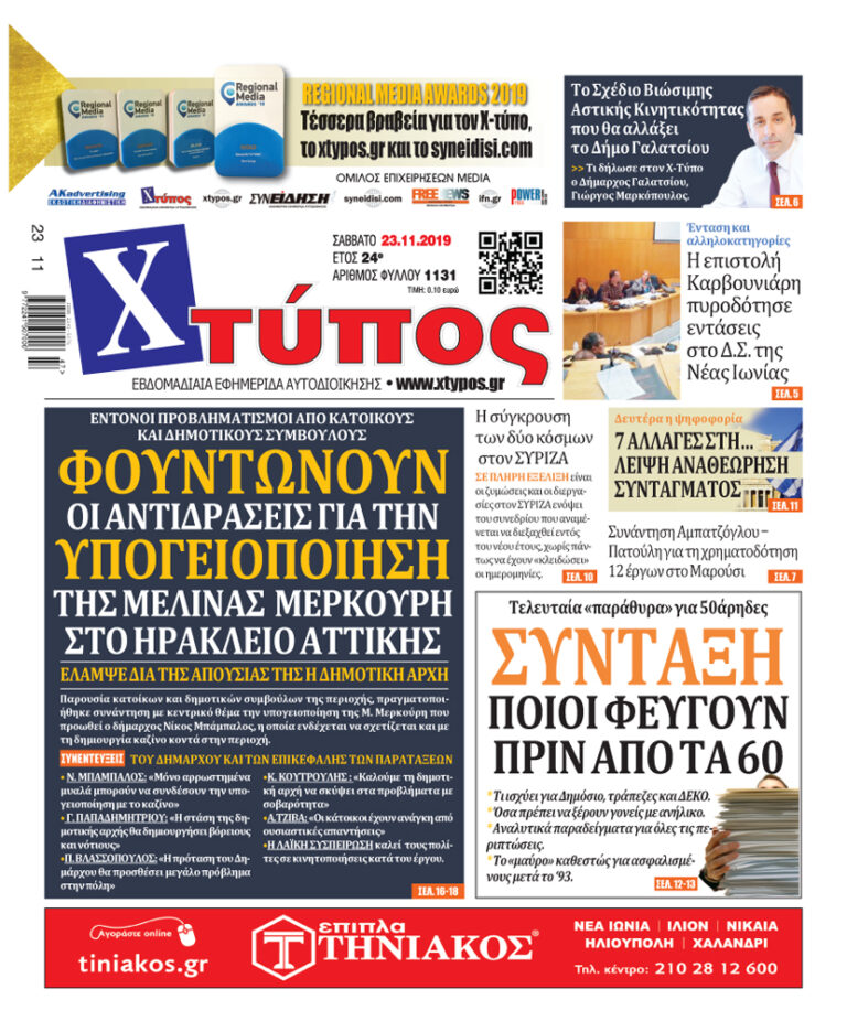 Πρωτοσέλιδο «ΧΤΥΠΟΣ» Σάββατο 23 Νοεμβρίου 2019