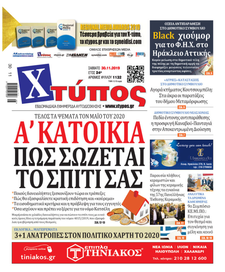 Πρωτοσέλιδο «ΧΤΥΠΟΣ» Σάββατο 29 Νοεμβρίου 2019