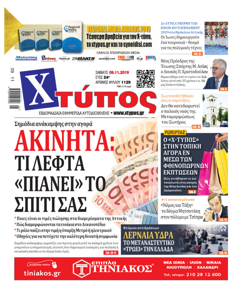 Πρωτοσέλιδο «ΧΤΥΠΟΣ» Σάββατο 9 Νοεμβρίου 2019