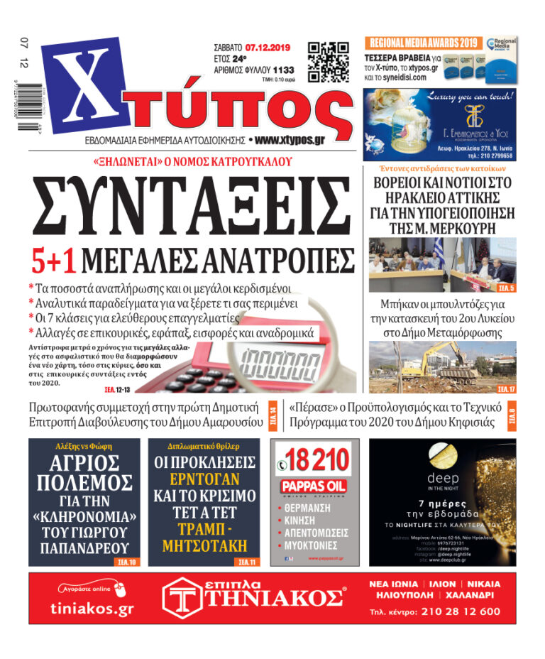 Πρωτοσέλιδο «ΧΤΥΠΟΣ» Σάββατο 07 Δεκεμβρίου 2019