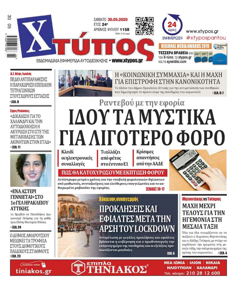 Πρωτοσέλιδο “ΧΤΥΠΟΣ” Σάββατο 30 Μαΐου 2020