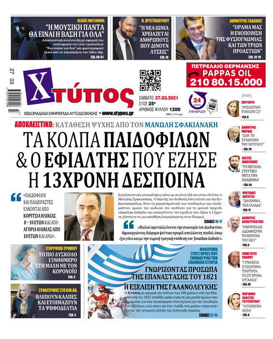 “Πρωτοσέλιδο εφημερίδας «ΧΤΥΠΟΣ» Σάββατο 27 Μαρτίου 2021”