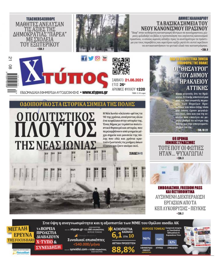 Πρωτοσέλιδο εφημερίδας «ΧΤΥΠΟΣ» Σάββατο 21 Αυγούστου 2021”