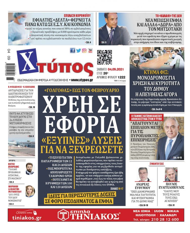 Πρωτοσέλιδο εφημερίδας «ΧΤΥΠΟΣ» Σάββατο 04 Σεπτεμβρίου 2021”