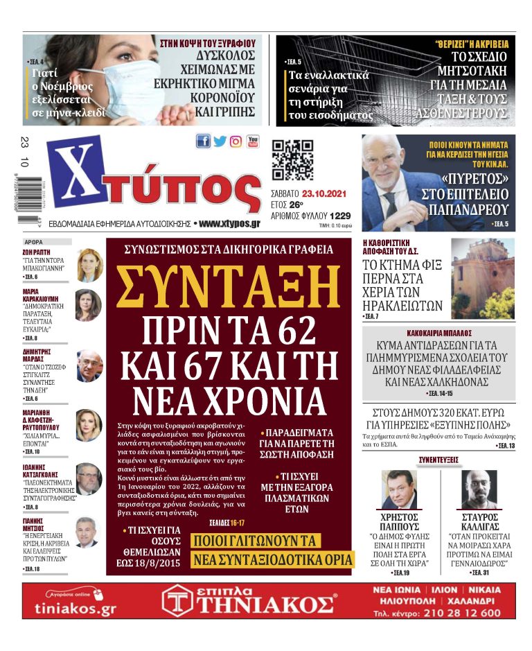 Πρωτοσέλιδο εφημερίδας «ΧΤΥΠΟΣ» Σάββατο 23 Οκτωβρίου 2021”