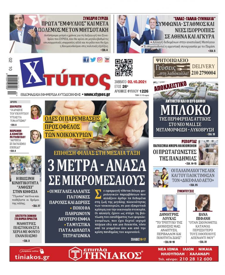 Πρωτοσέλιδο εφημερίδας «ΧΤΥΠΟΣ» Σάββατο 02 Οκτωβρίου 2021”