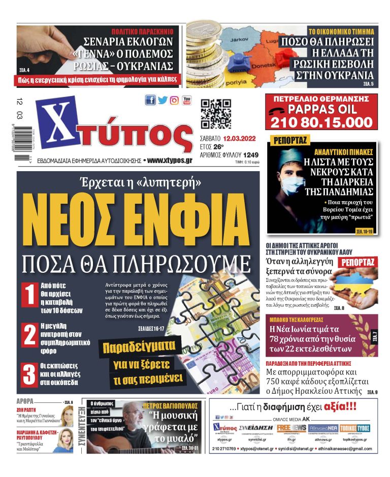 “Πρωτοσέλιδο εφημερίδας «ΧΤΥΠΟΣ» Σάββατο 12 Μαρτίου 2022”