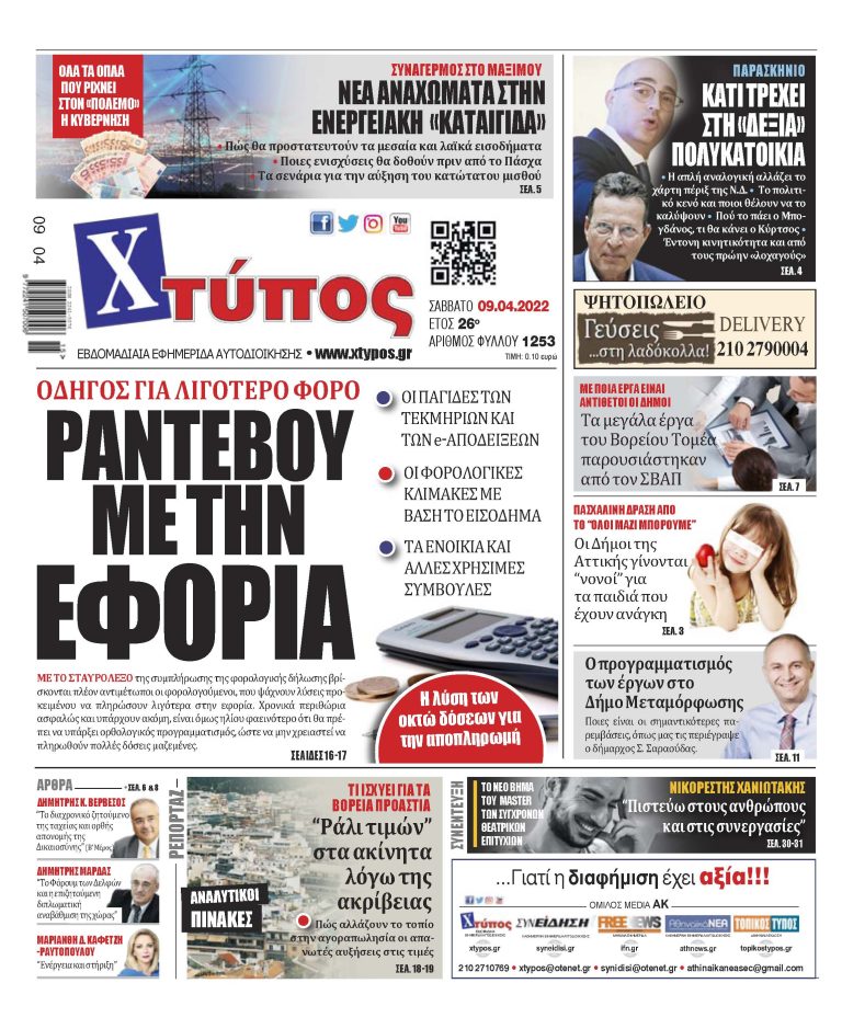 “Πρωτοσέλιδο εφημερίδας «ΧΤΥΠΟΣ» Σάββατο 9 Απριλίου 2022”