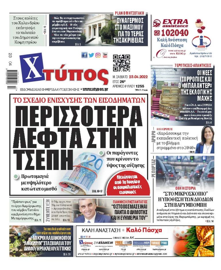 “Πρωτοσέλιδο εφημερίδας «ΧΤΥΠΟΣ» Σάββατο 23 Απριλίου 2022”