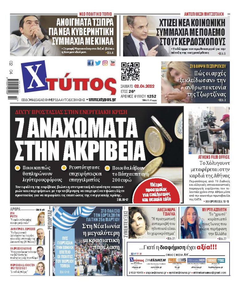 “Πρωτοσέλιδο εφημερίδας «ΧΤΥΠΟΣ» Σάββατο 2 Απριλίου 2022”