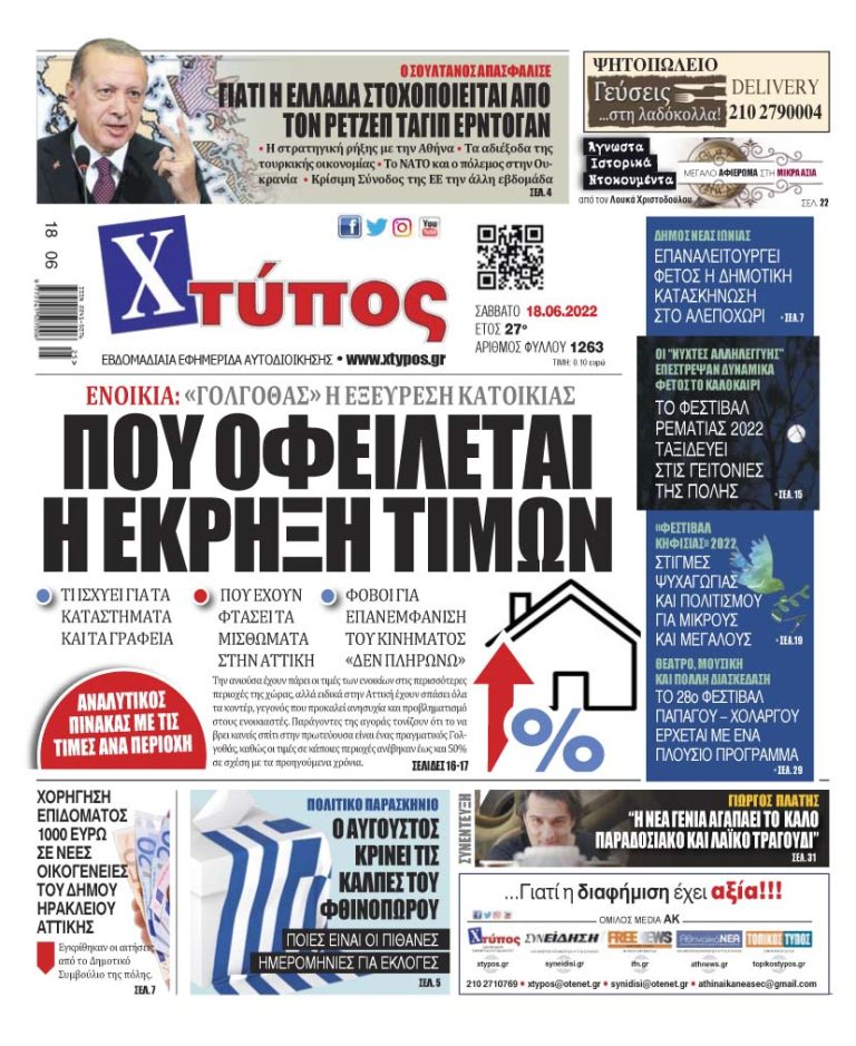 “Πρωτοσέλιδο εφημερίδας «ΧΤΥΠΟΣ» Σάββατο 18 Ιουνίου 2022”