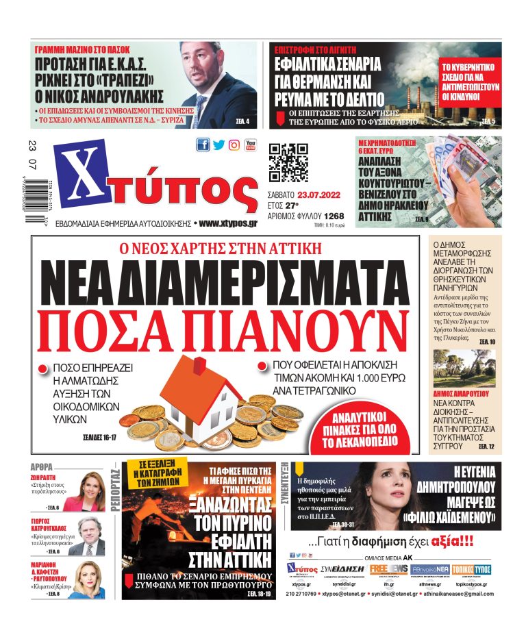 “Πρωτοσέλιδο εφημερίδας «ΧΤΥΠΟΣ» Σάββατο 23 Ιουλίου 2022”