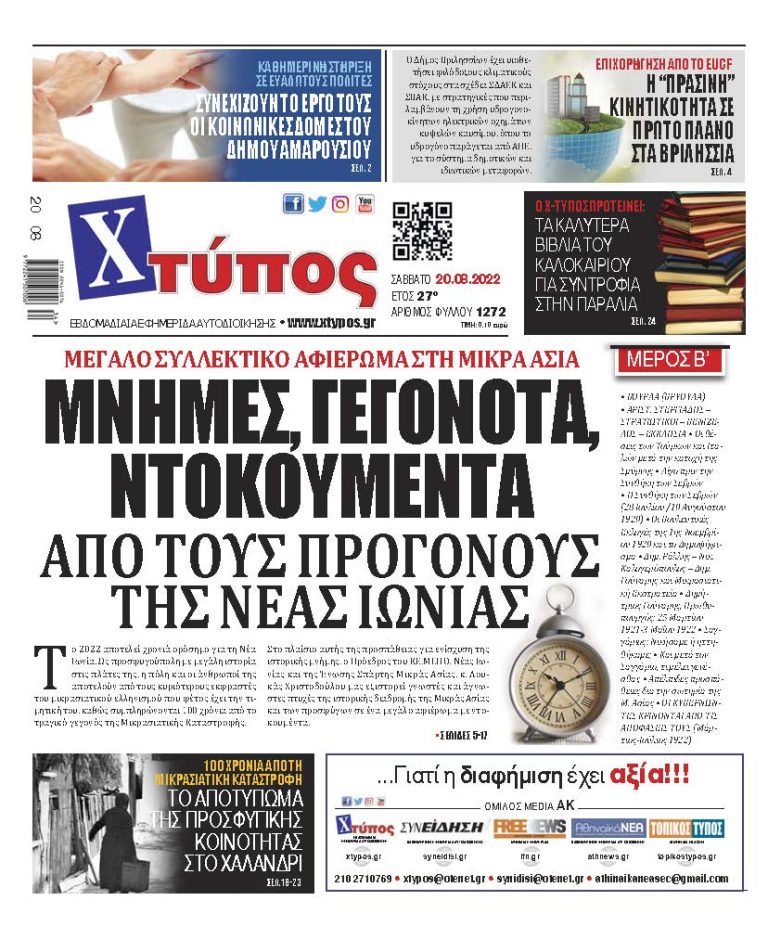 “Πρωτοσέλιδο εφημερίδας «ΧΤΥΠΟΣ» Σάββατο 20 Αυγούστου 2022”