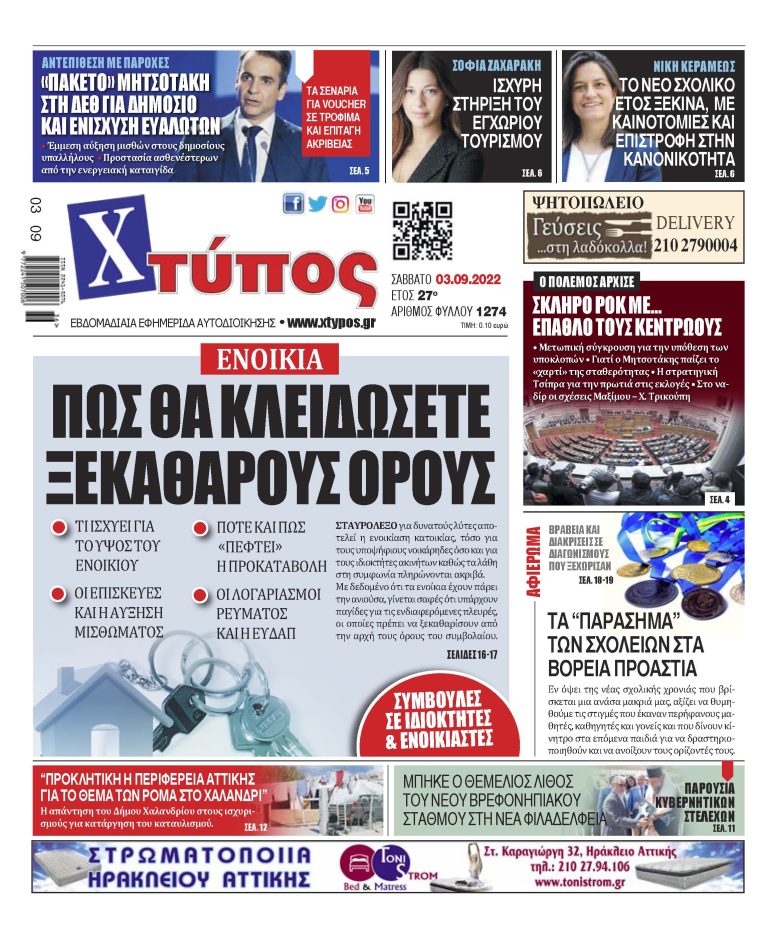 “Πρωτοσέλιδο εφημερίδας «ΧΤΥΠΟΣ» Σάββατο 3 Σεπτεμβρίου 2022”