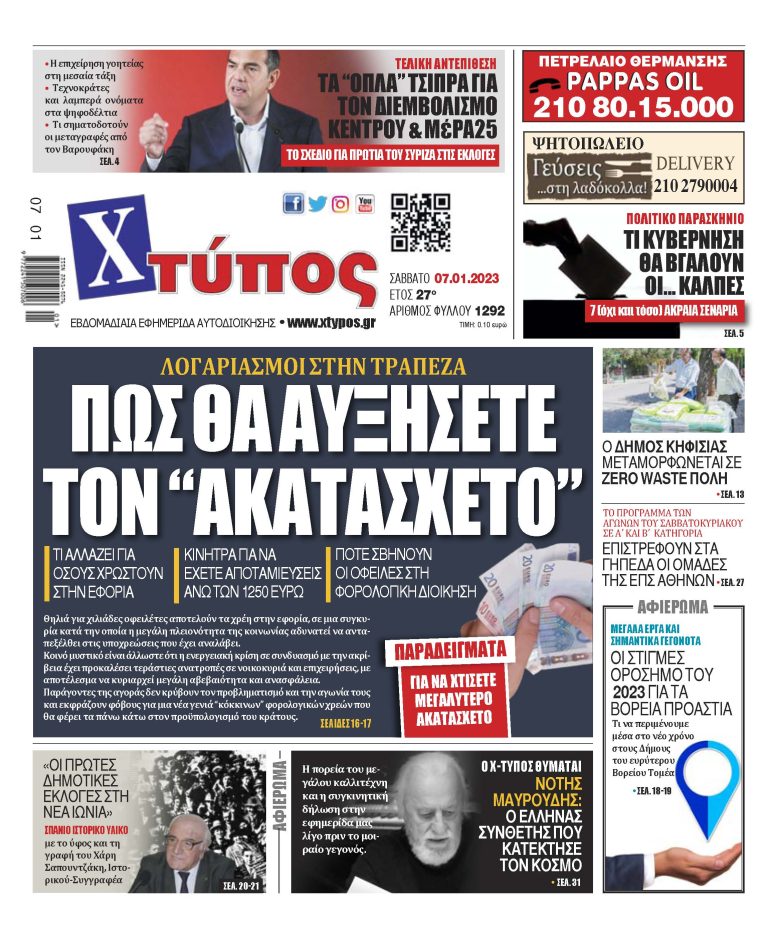 “Πρωτοσέλιδο της εφημερίδας «ΧΤΥΠΟΣ» Σάββατο 7 Ιανουαρίου 2023”