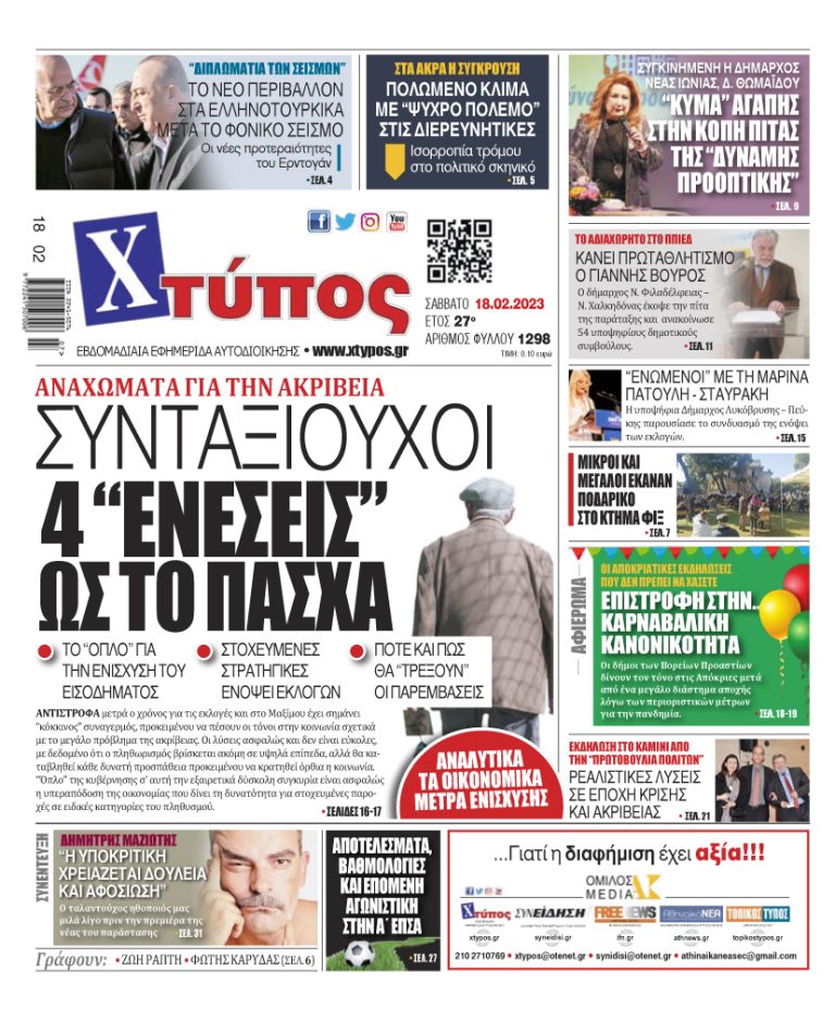 “Πρωτοσέλιδο της εφημερίδας «ΧΤΥΠΟΣ» Σάββατο 18 Φεβρουαρίου 2023”