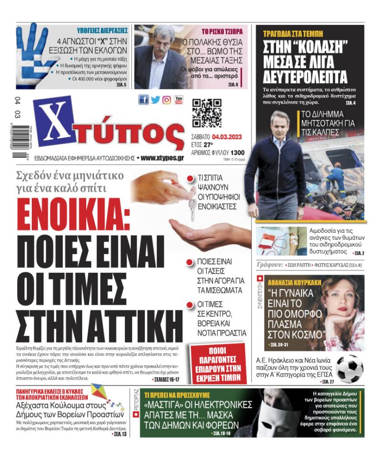 “Πρωτοσέλιδο της εφημερίδας «ΧΤΥΠΟΣ» Σάββατο 4 Μαρτίου 2023”