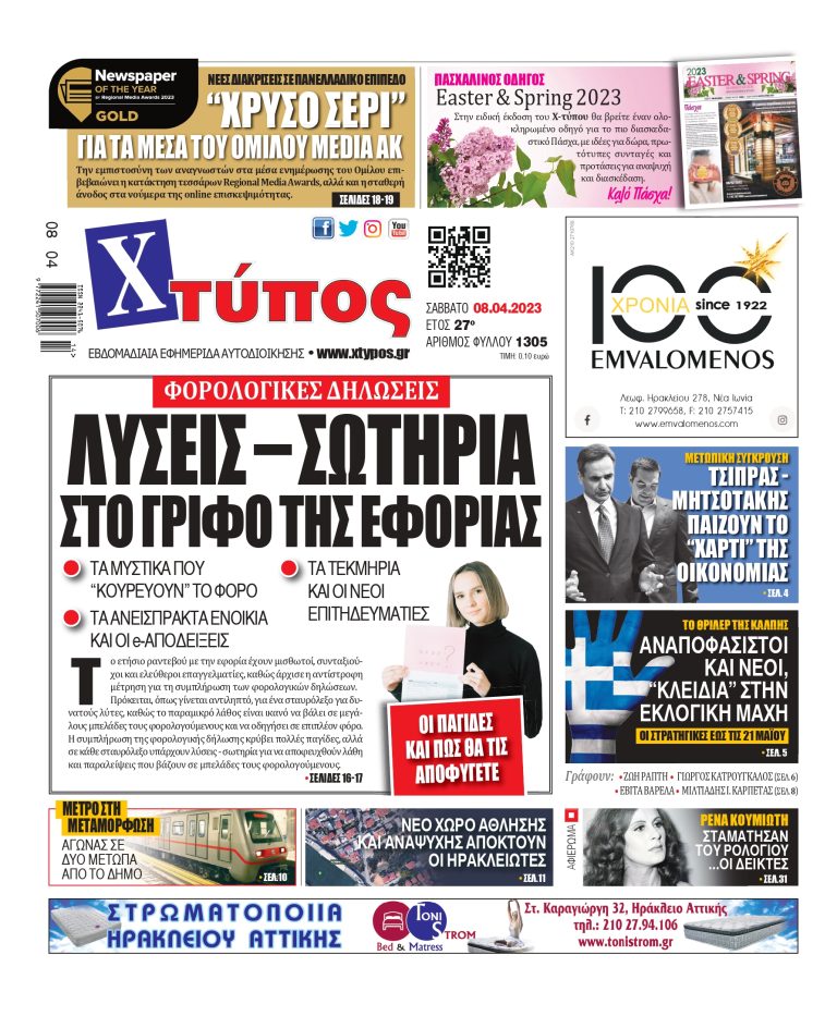 “Πρωτοσέλιδο της εφημερίδας «ΧΤΥΠΟΣ» Σάββατο 8 Απριλίου 2023”