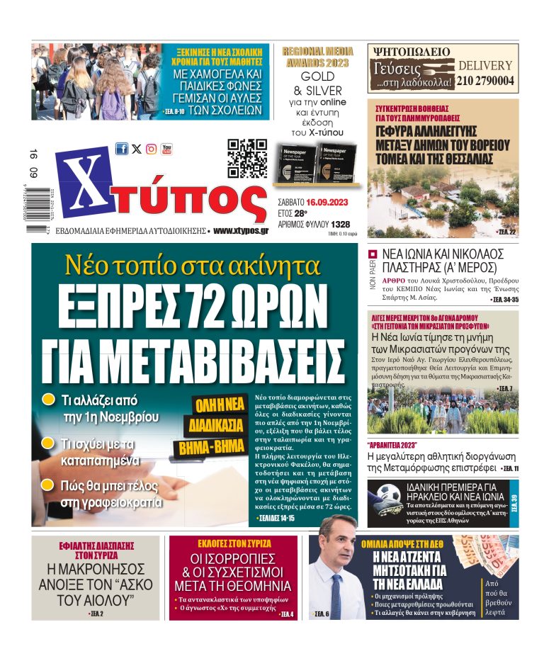 “Πρωτοσέλιδο της εφημερίδας «ΧΤΥΠΟΣ» Σάββατο 16 Σεπτεμβρίου 2023”