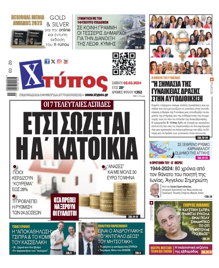 “Πρωτοσέλιδο της εφημερίδας «ΧΤΥΠΟΣ» Σάββατο 02 Μαρτίου 2024”